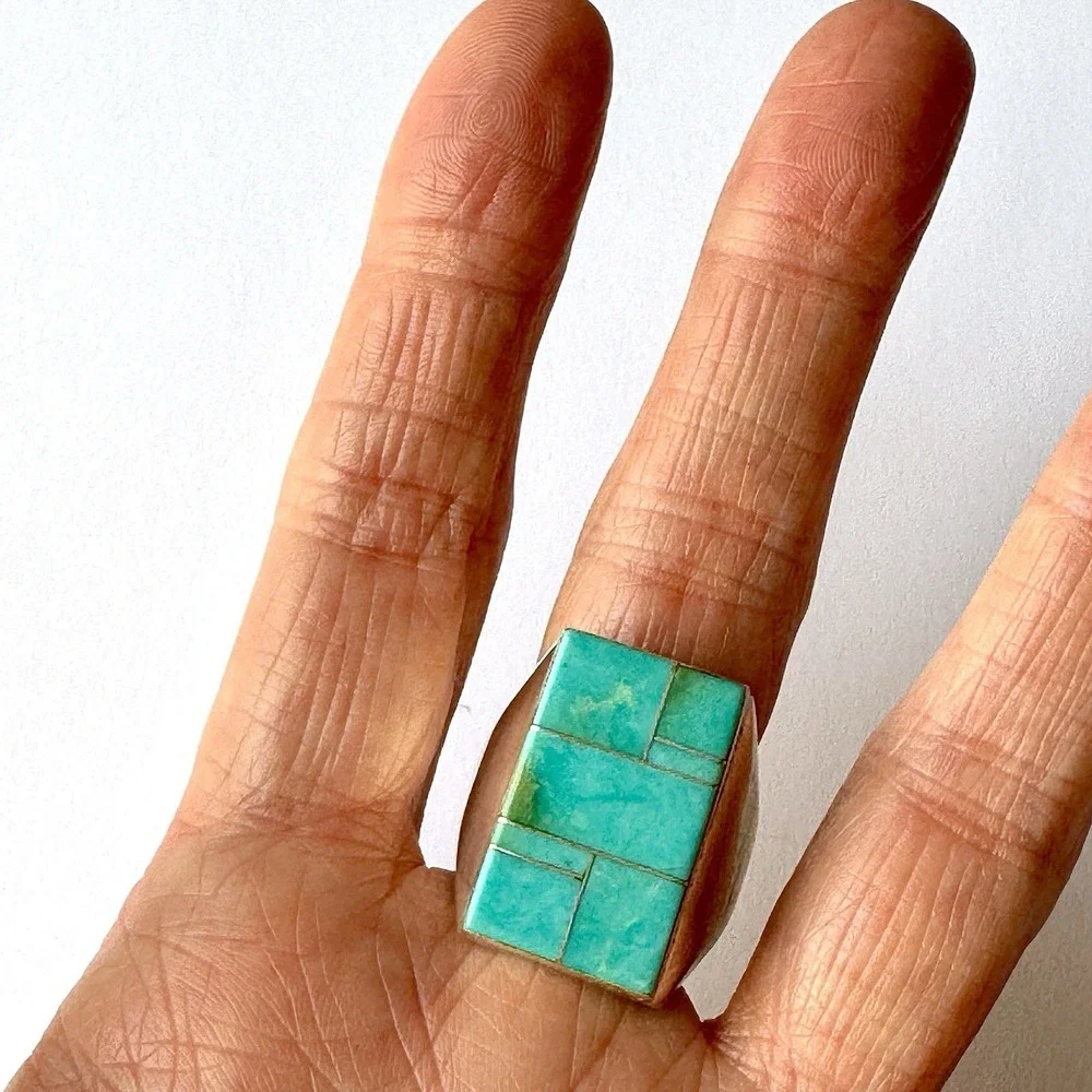 Navajo Turquoise Mens‎ Ring Sz 11 Signed WG Sterling Inlay Rect Native American